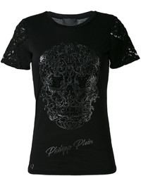 schwarzes besticktes Spitze T-shirt von Philipp Plein