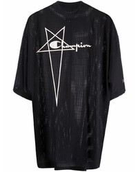 schwarzes besticktes T-Shirt mit einem Rundhalsausschnitt aus Netzstoff von Rick Owens X Champion