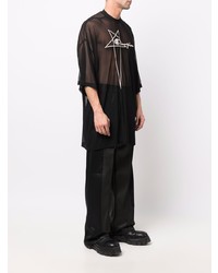 schwarzes besticktes T-Shirt mit einem Rundhalsausschnitt aus Netzstoff von Rick Owens