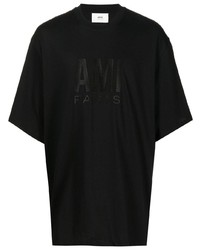 schwarzes besticktes T-Shirt mit einem Rundhalsausschnitt von Ami Paris