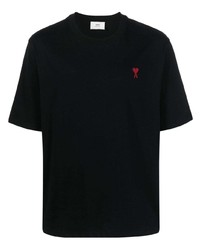 schwarzes besticktes T-Shirt mit einem Rundhalsausschnitt von Ami Paris