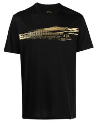 schwarzes besticktes T-Shirt mit einem Rundhalsausschnitt von Armani Exchange