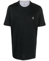 schwarzes besticktes T-Shirt mit einem Rundhalsausschnitt von Brunello Cucinelli