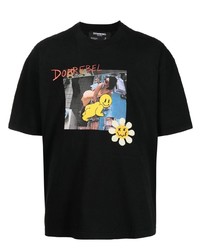 schwarzes besticktes T-Shirt mit einem Rundhalsausschnitt von DOMREBEL