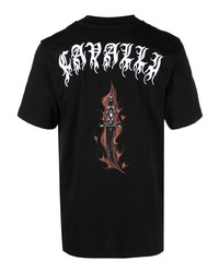 schwarzes besticktes T-Shirt mit einem Rundhalsausschnitt von Roberto Cavalli