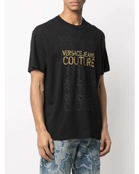 schwarzes besticktes T-Shirt mit einem Rundhalsausschnitt von VERSACE JEANS COUTURE