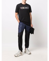 schwarzes besticktes T-Shirt mit einem Rundhalsausschnitt von Versace