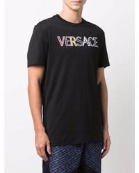 schwarzes besticktes T-Shirt mit einem Rundhalsausschnitt von Versace