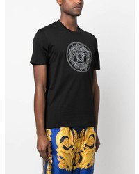 schwarzes besticktes T-Shirt mit einem Rundhalsausschnitt von Versace