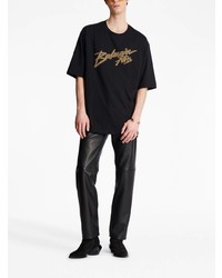 schwarzes besticktes T-Shirt mit einem Rundhalsausschnitt von Balmain