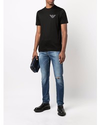 schwarzes besticktes T-Shirt mit einem Rundhalsausschnitt von Emporio Armani