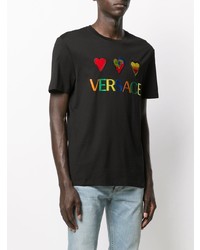 schwarzes besticktes T-Shirt mit einem Rundhalsausschnitt von Versace