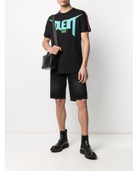 schwarzes besticktes T-Shirt mit einem Rundhalsausschnitt von Philipp Plein