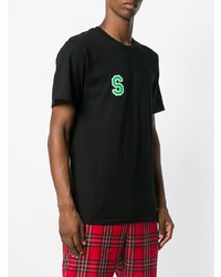 schwarzes besticktes T-Shirt mit einem Rundhalsausschnitt von Stussy