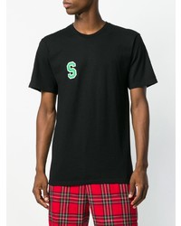 schwarzes besticktes T-Shirt mit einem Rundhalsausschnitt von Stussy