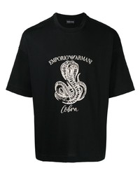 schwarzes besticktes T-Shirt mit einem Rundhalsausschnitt von Emporio Armani