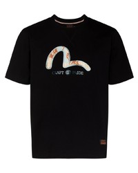 schwarzes besticktes T-Shirt mit einem Rundhalsausschnitt von Evisu
