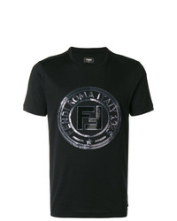 schwarzes besticktes T-Shirt mit einem Rundhalsausschnitt von Fendi
