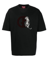 schwarzes besticktes T-Shirt mit einem Rundhalsausschnitt von Giorgio Armani