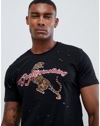 schwarzes besticktes T-Shirt mit einem Rundhalsausschnitt von Good For Nothing