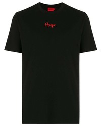 schwarzes besticktes T-Shirt mit einem Rundhalsausschnitt von Hugo