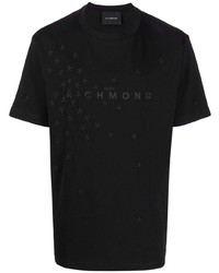 schwarzes besticktes T-Shirt mit einem Rundhalsausschnitt von John Richmond
