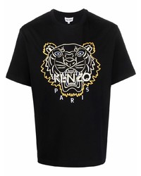 schwarzes besticktes T-Shirt mit einem Rundhalsausschnitt von Kenzo