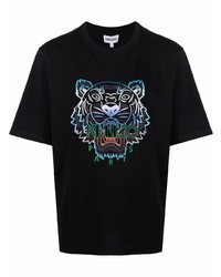 schwarzes besticktes T-Shirt mit einem Rundhalsausschnitt von Kenzo