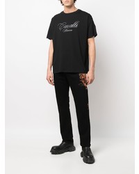 schwarzes besticktes T-Shirt mit einem Rundhalsausschnitt von Roberto Cavalli