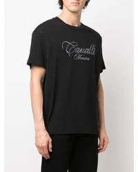 schwarzes besticktes T-Shirt mit einem Rundhalsausschnitt von Roberto Cavalli