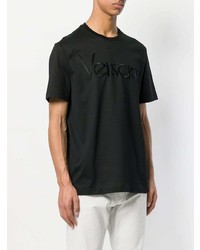 schwarzes besticktes T-Shirt mit einem Rundhalsausschnitt von Versace