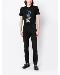 schwarzes besticktes T-Shirt mit einem Rundhalsausschnitt von Versace