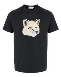 schwarzes besticktes T-Shirt mit einem Rundhalsausschnitt von MAISON KITSUNÉ