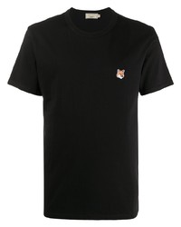 schwarzes besticktes T-Shirt mit einem Rundhalsausschnitt von MAISON KITSUNÉ