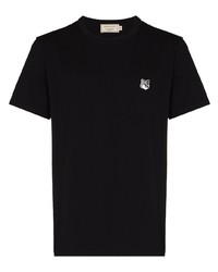 schwarzes besticktes T-Shirt mit einem Rundhalsausschnitt von MAISON KITSUNÉ