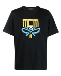 schwarzes besticktes T-Shirt mit einem Rundhalsausschnitt von MCM