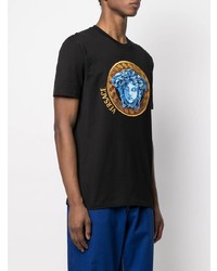 schwarzes besticktes T-Shirt mit einem Rundhalsausschnitt von Versace