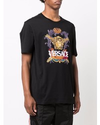 schwarzes besticktes T-Shirt mit einem Rundhalsausschnitt von Versace