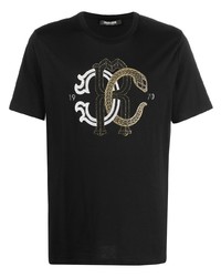 schwarzes besticktes T-Shirt mit einem Rundhalsausschnitt von Roberto Cavalli