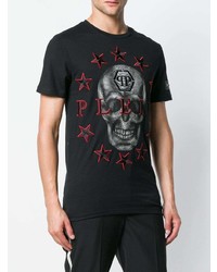 schwarzes besticktes T-Shirt mit einem Rundhalsausschnitt von Philipp Plein