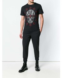 schwarzes besticktes T-Shirt mit einem Rundhalsausschnitt von Philipp Plein