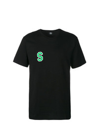 schwarzes besticktes T-Shirt mit einem Rundhalsausschnitt von Stussy