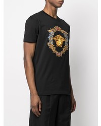 schwarzes besticktes T-Shirt mit einem Rundhalsausschnitt von Versace