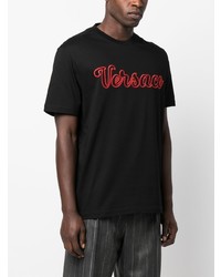 schwarzes besticktes T-Shirt mit einem Rundhalsausschnitt von Versace