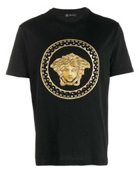 schwarzes besticktes T-Shirt mit einem Rundhalsausschnitt von Versace