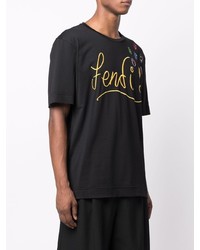 schwarzes besticktes T-Shirt mit einem Rundhalsausschnitt von Fendi