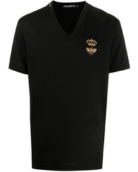 schwarzes besticktes T-Shirt mit einem V-Ausschnitt von Dolce & Gabbana