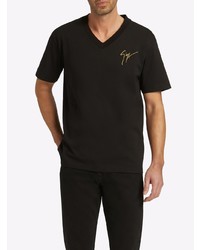 schwarzes besticktes T-Shirt mit einem V-Ausschnitt von Giuseppe Zanotti