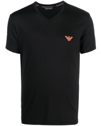 schwarzes besticktes T-Shirt mit einem V-Ausschnitt von Emporio Armani