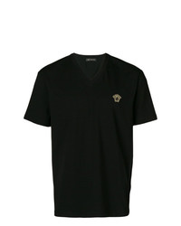 schwarzes besticktes T-Shirt mit einem V-Ausschnitt von Versace